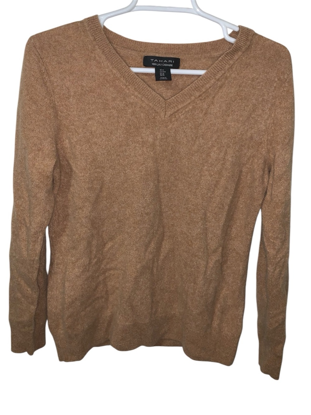 Tahari 100% 2-Ply Cashmere V-Neck Sweater in Tan Camel